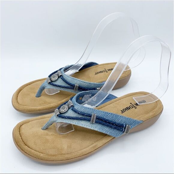 Minnetonka Chambray Silverthrone Wedge Thong Sandals Sz 9 - Picture 7 of 13